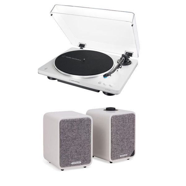 Audio Technica AT-LP70XBT Fully Automatic Bluetooth Wireless Turntable White with Ruark MR1 MK2 Active Bluetooth Speakers Grey HiFi Package For Sale