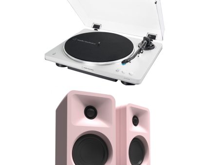 Audio Technica AT-LP70XBT Fully Automatic Bluetooth Wireless Turntable White with Kanto ORA 100W Powered Reference Speakers Pink HiFi Package For Cheap